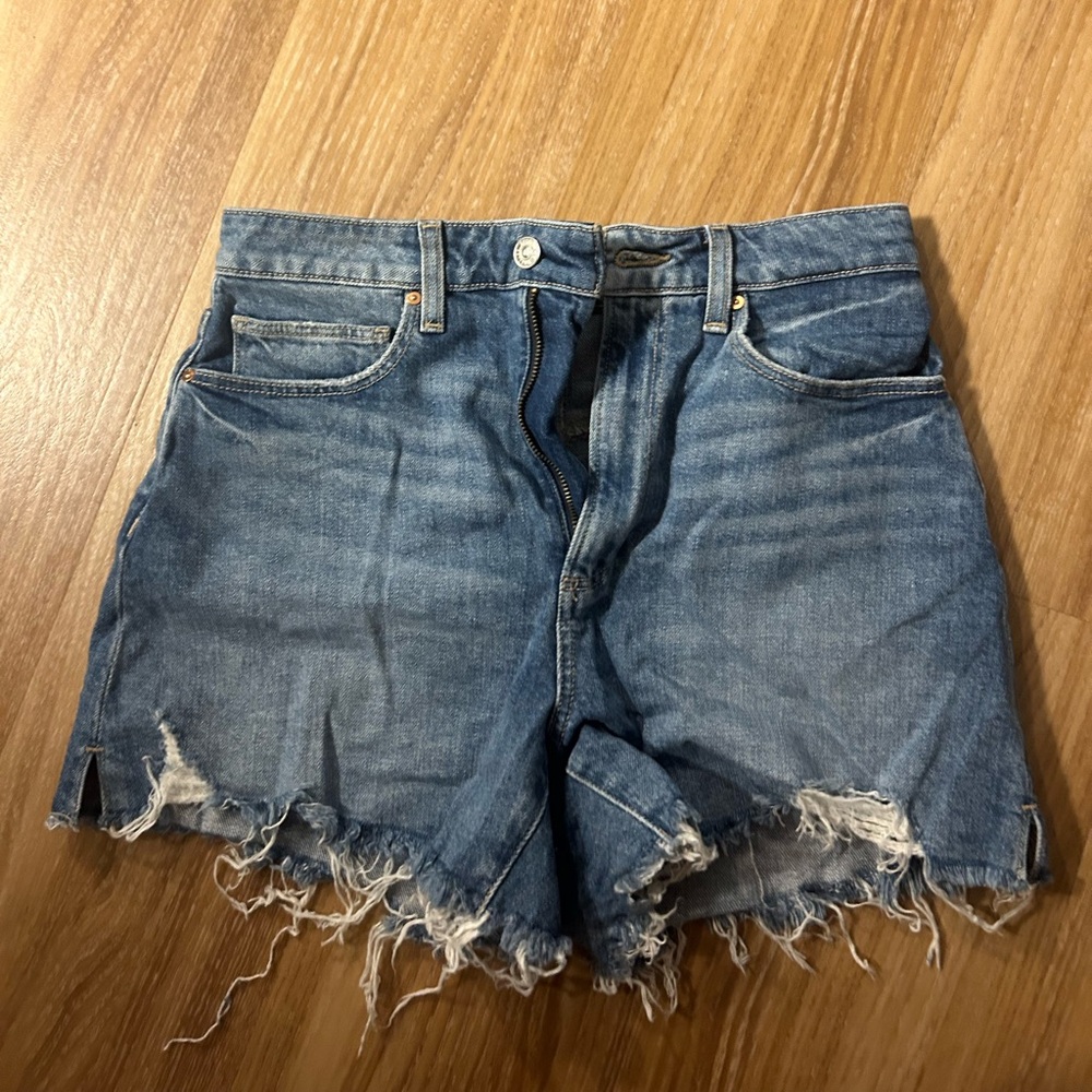 PAIGE Distressed Blue Jean Shorts